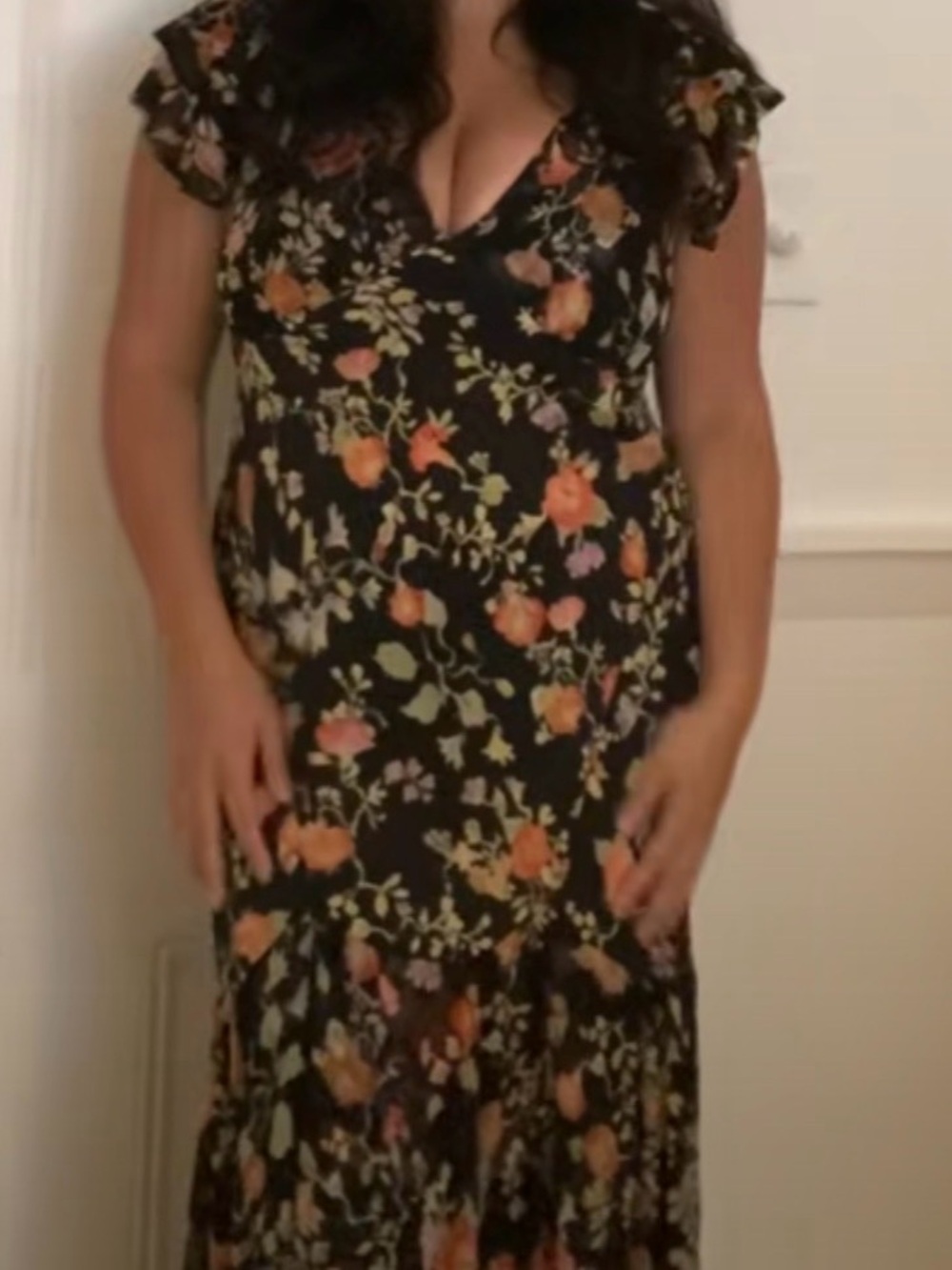 RIXO Black Maxi Dress with Orange and Green Floral Print - Picture 4 of 4